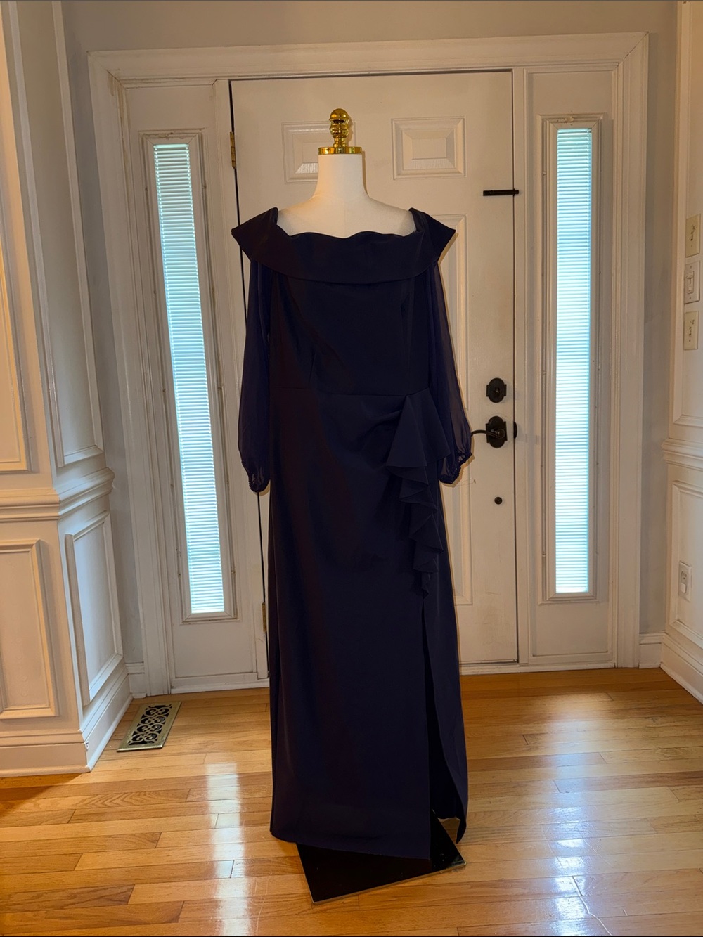 Alex Evenings Navy Off-Shoulder Long-Sleeve Evening Gown with Ruffle